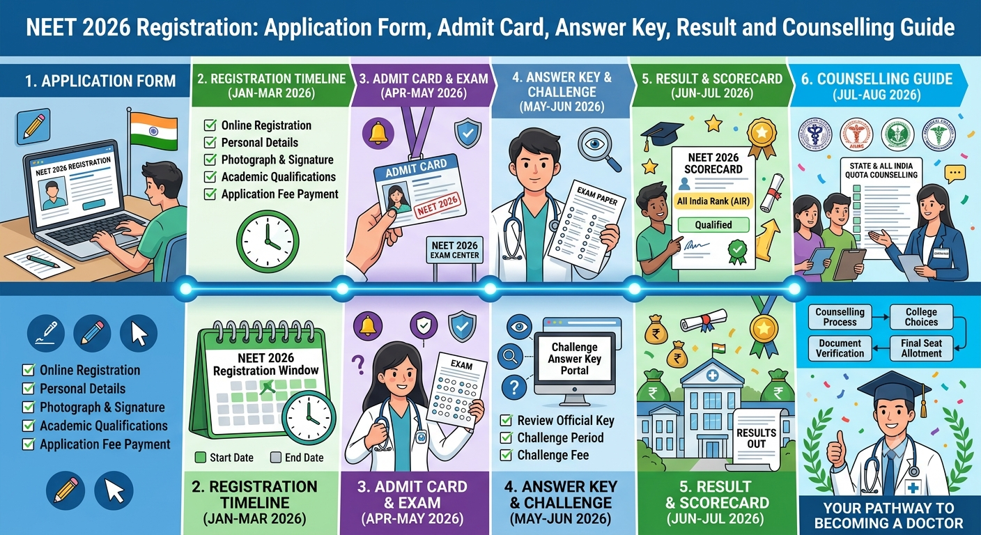 NEET 2026 Registration process timeline with application form, admit card, answer key, result and counselling stages