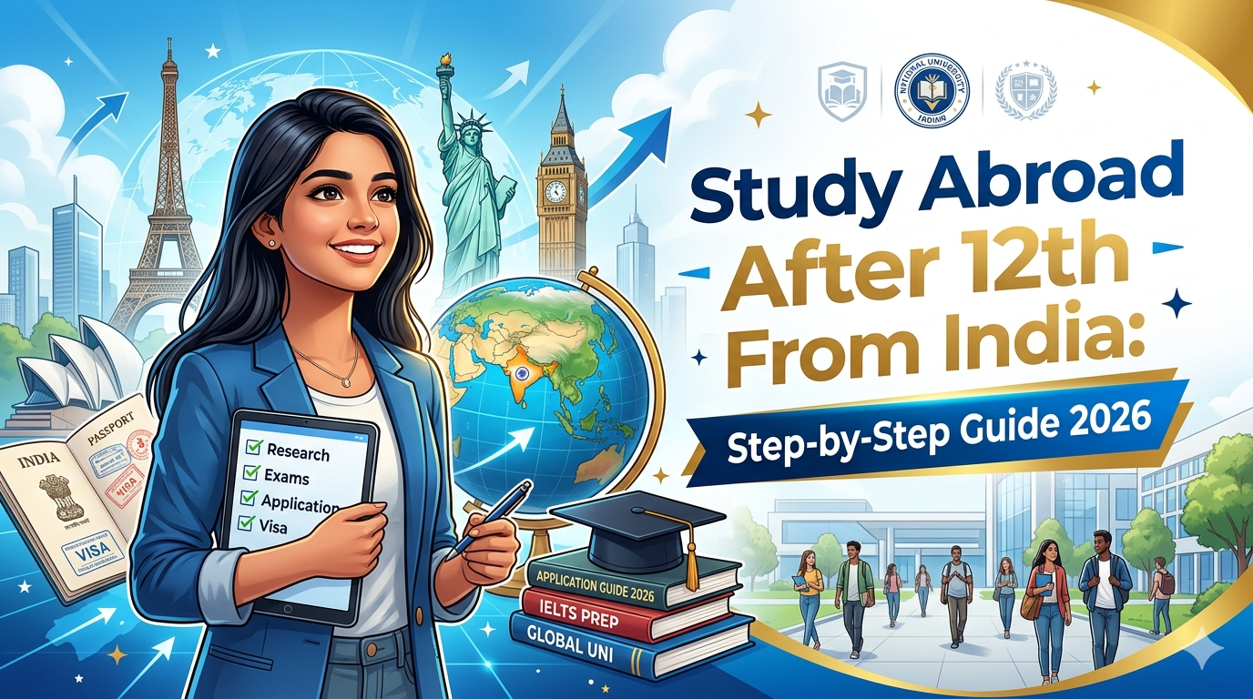 Indian student planning to study abroad after 12th from India with passport, visa checklist, globe, international landmarks and university campus