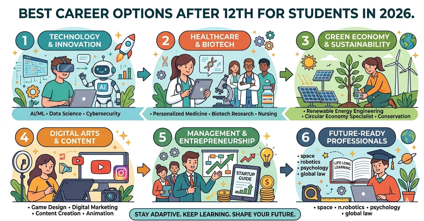Best career options after 12th for students in 2026 including AI, healthcare, digital marketing and future careers