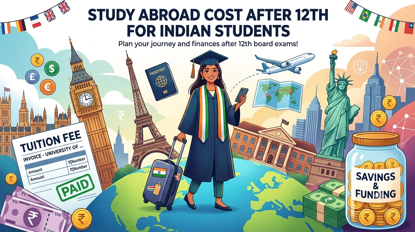 Study abroad cost after 12th for Indian students, showing tuition fees, global destinations and savings